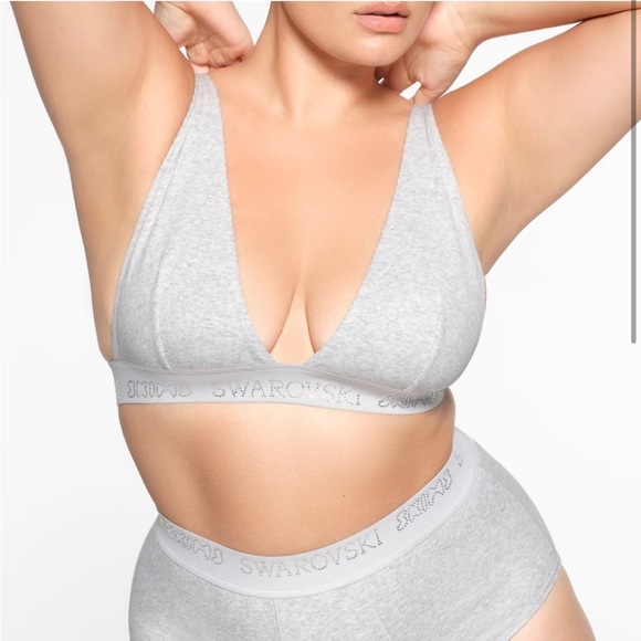 Skims x Swarovski Cotton Rib Crystal Plunge Bralette Light Heather Grey XL NEW - Picture 2 of 10